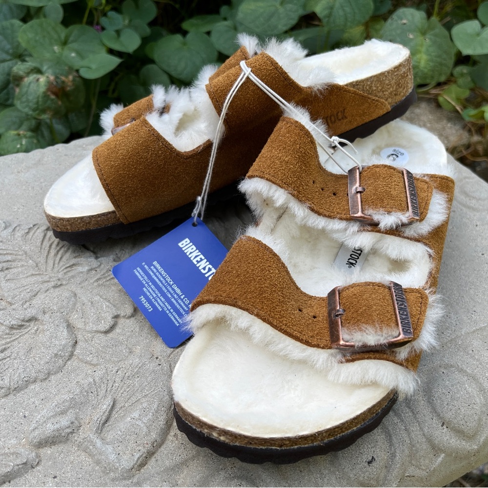 Birkenstock Arizona Shearling Lined Brown Suede Sandals Women’s Size 6 NWOB